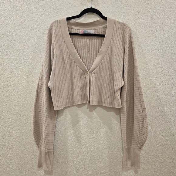 Free People Sweaters - Free People FP‎ Beach Ribbed Cropped Cardigan Sweater Beige Large Balloon Sleeve